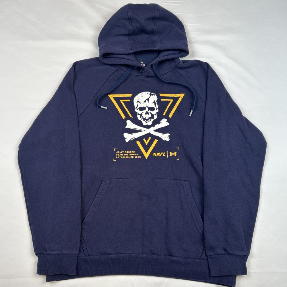 Under Armour Hoodie Men's Sz Medium Jolly Rogers Navy Skull Graphic Blue Skull